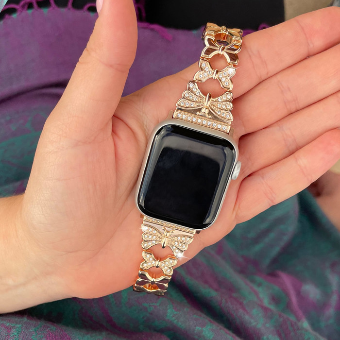 Butterfly Diamond Bracelet for Apple Watch 38/40/41mm and 42/44/45/46/49mm All Series Fancy Cute Stretchy  Adjustable Jewelry Strap Replacement for iWatch Series 10/9/8/7/6/5/4/3/2/1/SE