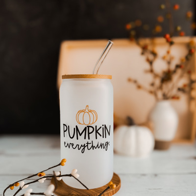 Pumpkin Everything Can Glass with Bamboo Lid and Glass Straw | Iced Coffee | Dishwasher and Microwave Safe | 16 oz