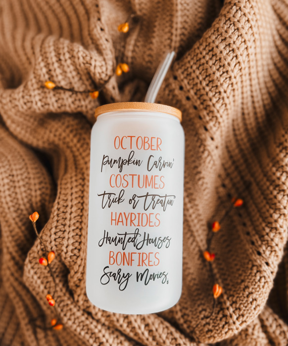 October Favorites Can Glass with Bamboo Lid and Glass Straw | Iced Coffee | Dishwasher and Microwave Safe | 16 oz