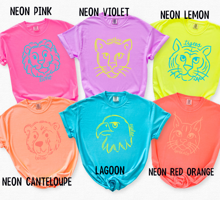 Neon Mascot Doodle Comfort Color Tees - Over 100 mascots!