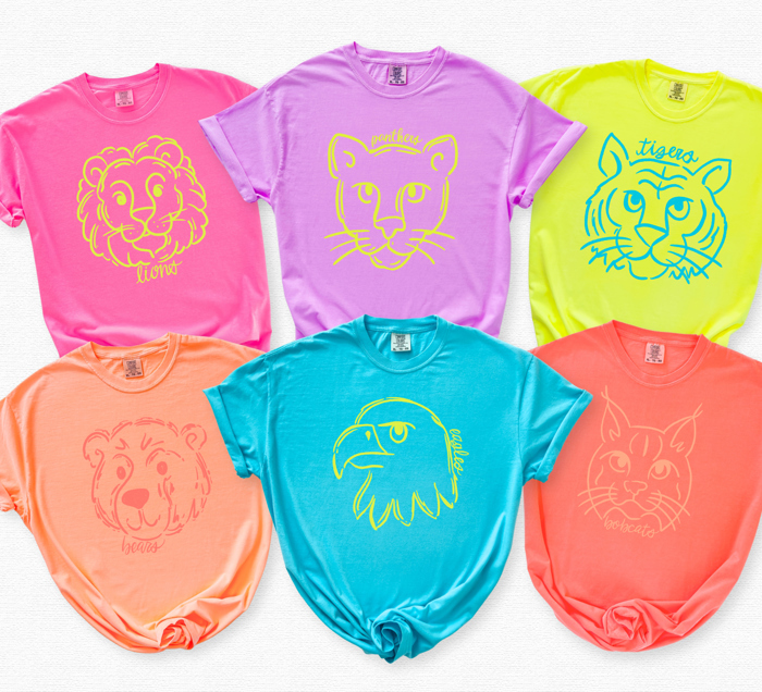 Neon Mascot Doodle Comfort Color Tees - Over 100 mascots!