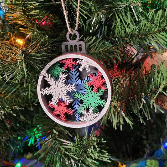 Snowflake Christmas Ornament | 5-Layer Laser Cut Wood with Glitter Finish