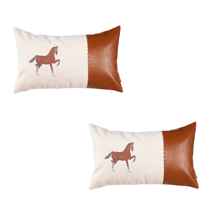 Country Embroidered Horse Boho Throw Pillow Cover Solid Beige & Brown Square & Lumbar for Couch, Bedding