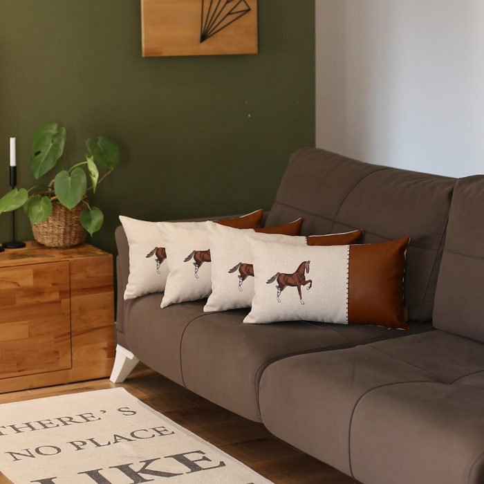 Country Embroidered Horse Boho Throw Pillow Cover Solid Beige & Brown Square & Lumbar for Couch, Bedding