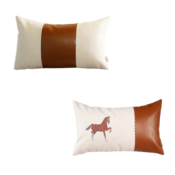 Country Embroidered Horse Mixed Boho Sets Throw Pillow Covers Vegan Faux Leather Solid Beige & Brown Square & Lumbar for Couch, Bedding