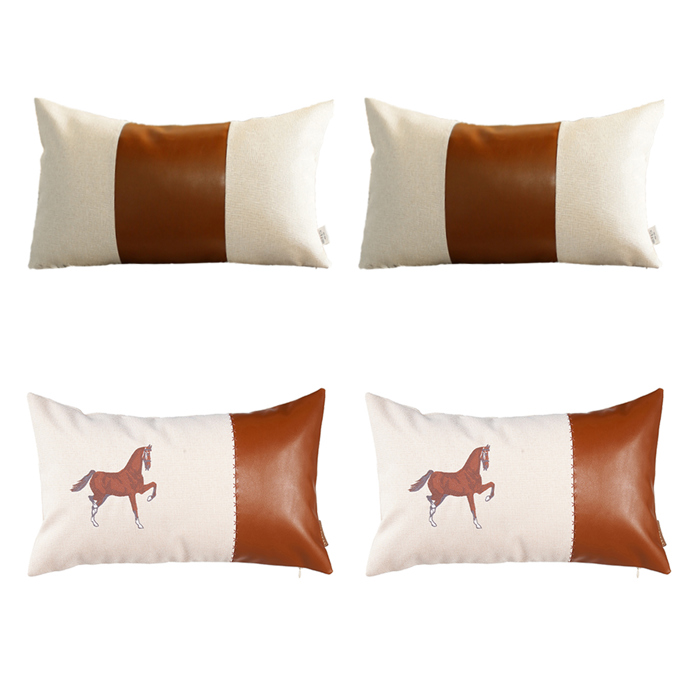 Country Embroidered Horse Mixed Boho Sets Throw Pillow Covers Vegan Faux Leather Solid Beige & Brown Square & Lumbar for Couch, Bedding