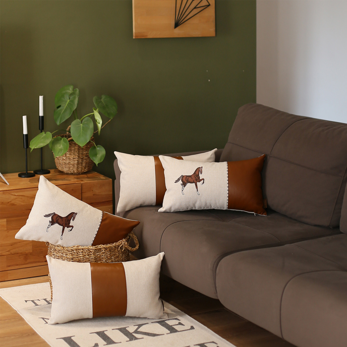Country Embroidered Horse Mixed Boho Sets Throw Pillow Covers Vegan Faux Leather Solid Beige & Brown Square & Lumbar for Couch, Bedding