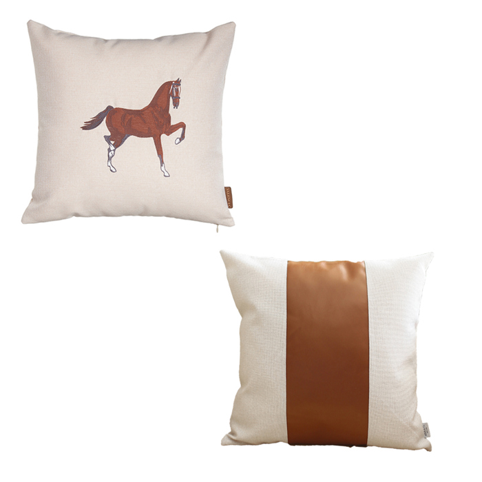 Country Embroidered Horse Mixed Boho Sets Throw Pillow Covers Vegan Faux Leather Solid Beige & Brown Square & Lumbar for Couch, Bedding