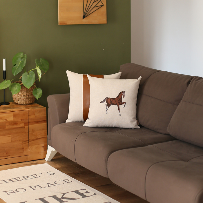 Country Embroidered Horse Mixed Boho Sets Throw Pillow Covers Vegan Faux Leather Solid Beige & Brown Square & Lumbar for Couch, Bedding