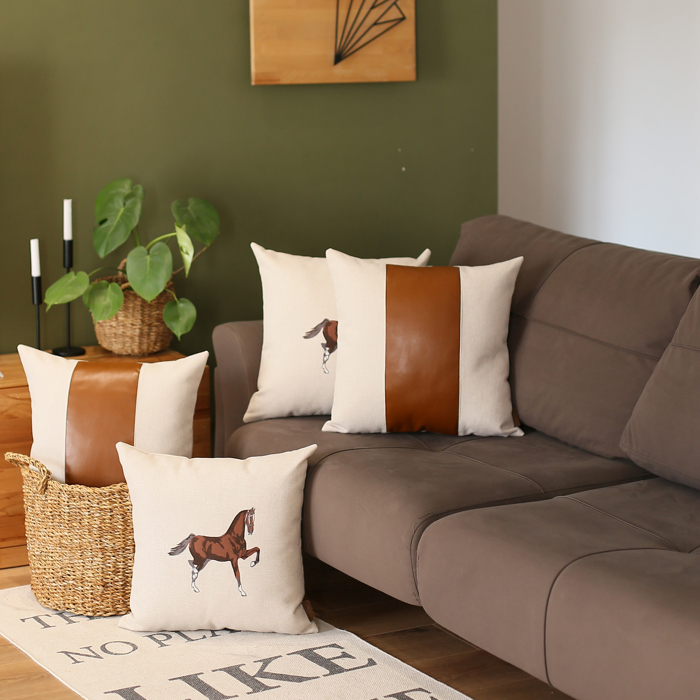Country Embroidered Horse Mixed Boho Sets Throw Pillow Covers Vegan Faux Leather Solid Beige & Brown Square & Lumbar for Couch, Bedding