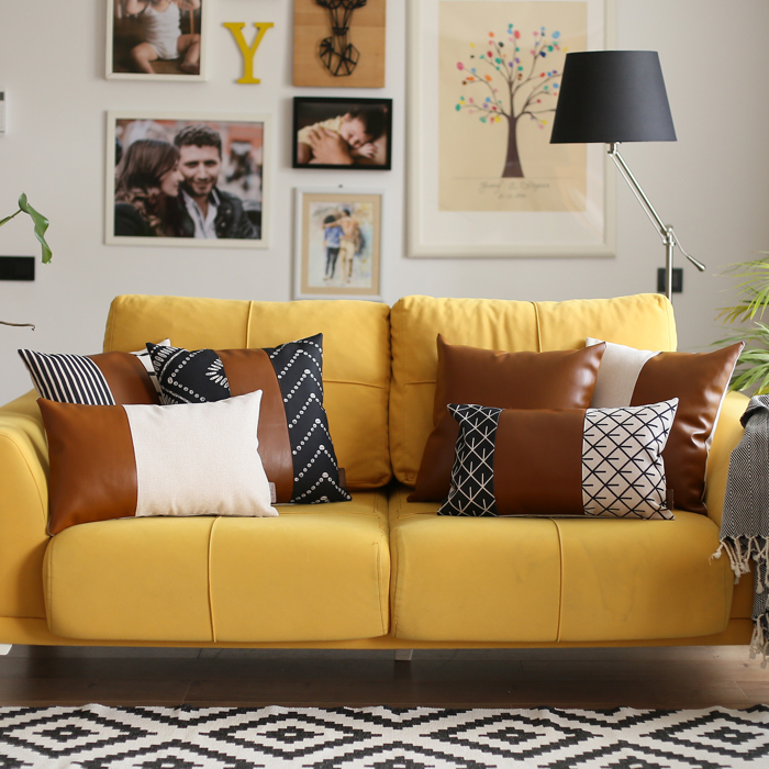 Boho Decorative Throw Pillow Cover Vegan Faux Leather Solid Lumbar & Square for Couch, Bedding