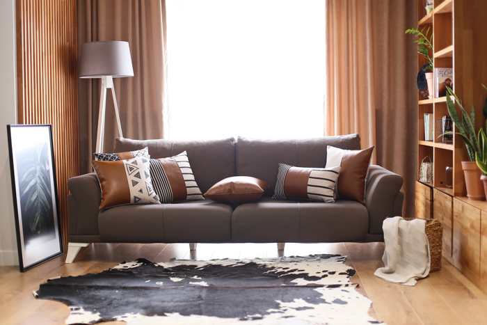 Boho Decorative Throw Pillow Cover Vegan Faux Leather Solid Lumbar & Square for Couch, Bedding