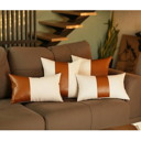 Brown & Ivory - 17x17 2-piece Boho Decorative Throw Pillow Cover Vegan Faux Leather Solid Lumbar & Square for Couch, Bedding