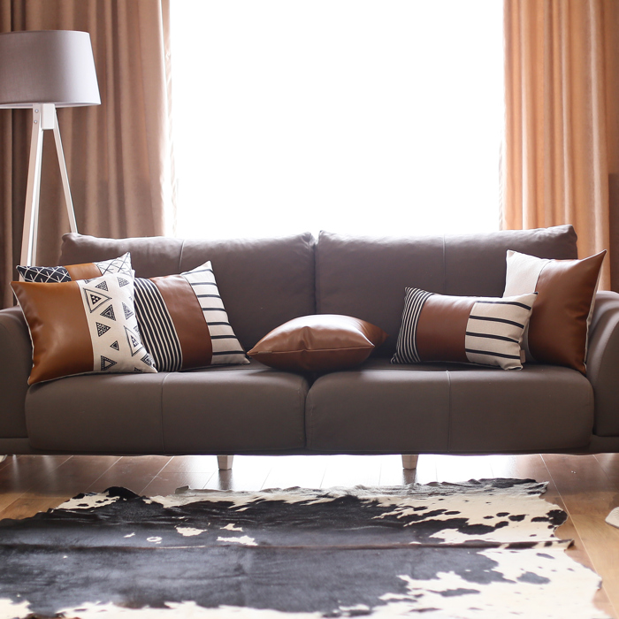 Boho Decorative Throw Pillow Cover Vegan Faux Leather Solid Lumbar & Square for Couch, Bedding