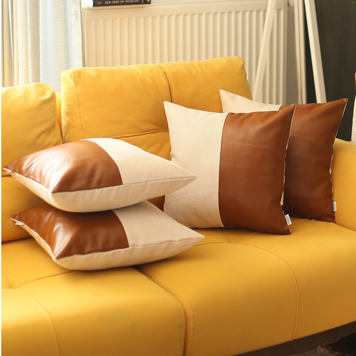 Boho Decorative Throw Pillow Cover Vegan Faux Leather Solid Lumbar & Square for Couch, Bedding