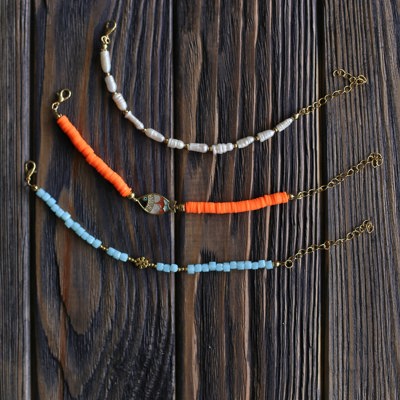 Women Gold-Plated Boho Bracelet Set 3Pcs, Long Shell Pearl & Beads, Blue Beads & Snowflake, Orange Round Flat Beads & Multi Color Fish, Bohemian Style Trendy & Adjustable Elegant Fashion Jewelry