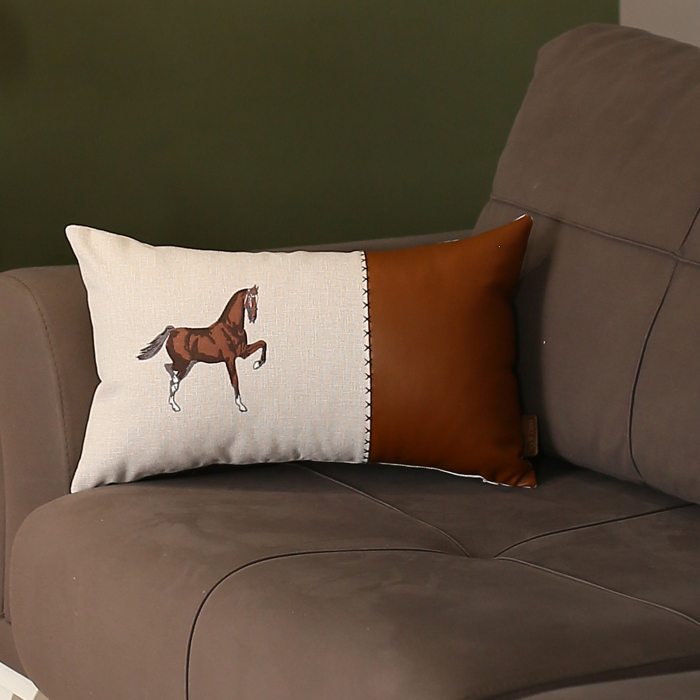 Country Embroidered Horse Boho Throw Pillow Cover Solid Beige & Brown Square & Lumbar for Couch, Bedding
