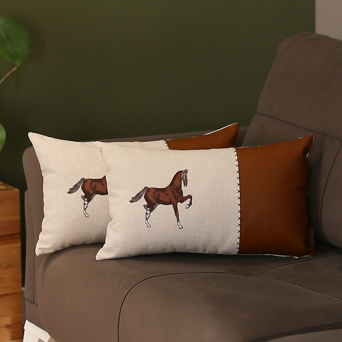 Country Embroidered Horse Boho Throw Pillow Cover Solid Beige & Brown Square & Lumbar for Couch, Bedding