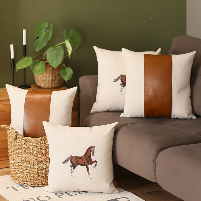 Country Embroidered Horse Mixed Boho Sets Throw Pillow Covers Vegan Faux Leather Solid Beige & Brown Square & Lumbar for Couch, Bedding