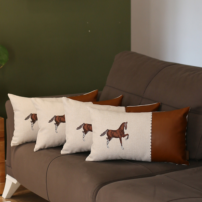 Country Embroidered Horse Boho Throw Pillow Cover Solid Beige & Brown Square & Lumbar for Couch, Bedding