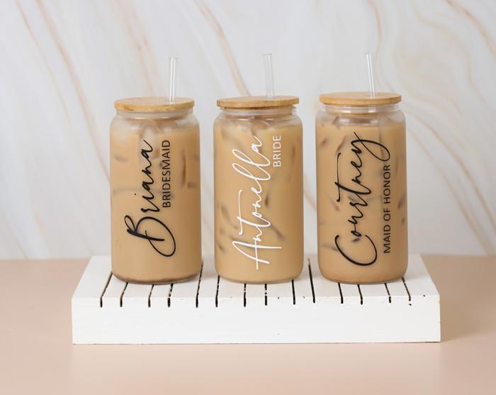 Personalized 16oz. Iced Coffee Cup,  Personalized Tumbler Glass, Bridesmaid Proposal, Iced Coffee Cup, Maid Of Honor Gift, Name and Title