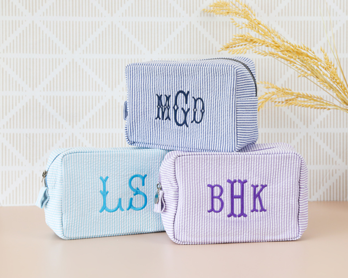 Personalized Embroidered Makeup Bag, Seersucker Cosmetic Bag, Personalized Gift Toiletry Bag Women, Bridesmaid Gift, Makeup Organizer Mom Gift, Stocking Stuffer