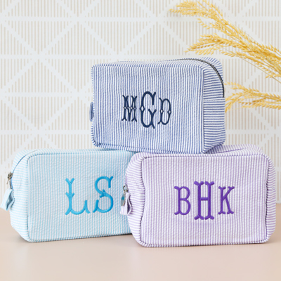 Personalized Embroidered Makeup Bag, Seersucker Cosmetic Bag, Personalized Gift Toiletry Bag Women, Bridesmaid Gift, Makeup Organizer Mom Gift, Stocking Stuffer