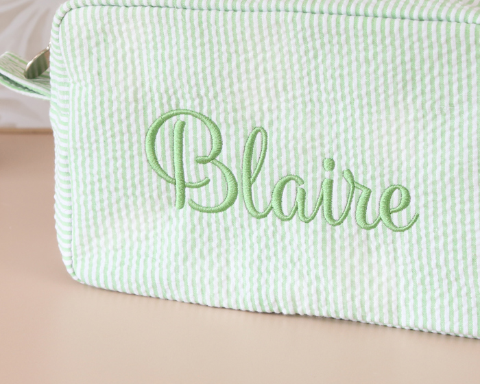 Personalized Embroidered Makeup Bag, Seersucker Cosmetic Bag, Personalized Gift Toiletry Bag Women, Bridesmaid Gift, Makeup Organizer Mom Gift, Stocking Stuffer