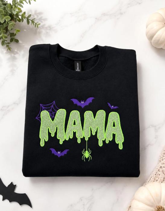 Halloween Mama Glitter Embroidered Sweatshirt, Unisex Crewneck, Women's Halloween Gift, Trick-Or-Treat