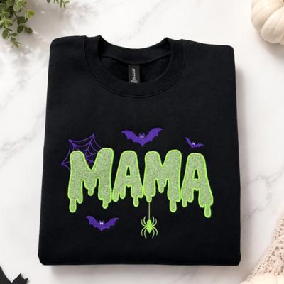 Halloween Mama Glitter Embroidered Sweatshirt, Unisex Crewneck, Women's Halloween Gift, Trick-Or-Treat