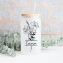  Personalized Birth Flower Glass Tumbler Bamboo Lid Frosted Cup Custom Botanical Drinkware Gift Idea Iced Coffee Mug Elegant Design