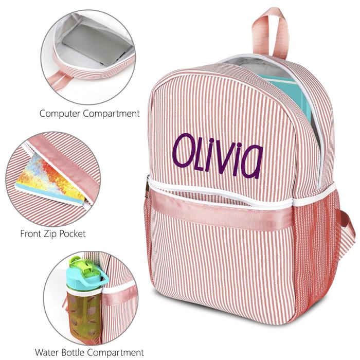 Personalized Seersucker Backpack Cute Baby Bag Backpack –Back To Schoo Preschool Kindergarten Toddler Backpack for Boys and Girls 