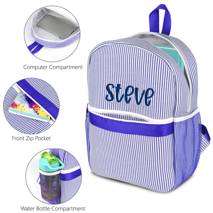 Personalized Seersucker Backpack Cute Baby Bag Backpack –Back To Schoo Preschool Kindergarten Toddler Backpack for Boys and Girls 
