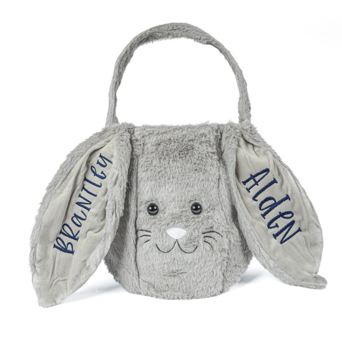 Personalized Plush Easter Bunny Basket | Custom Embroidered Name Ear Gift Pail for Kids | Rabbit Treat Tote Bag