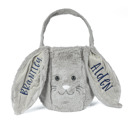 Gray Personalized Plush Easter Bunny Basket | Custom Embroidered Name Ear Gift Pail for Kids | Rabbit Treat Tote Bag