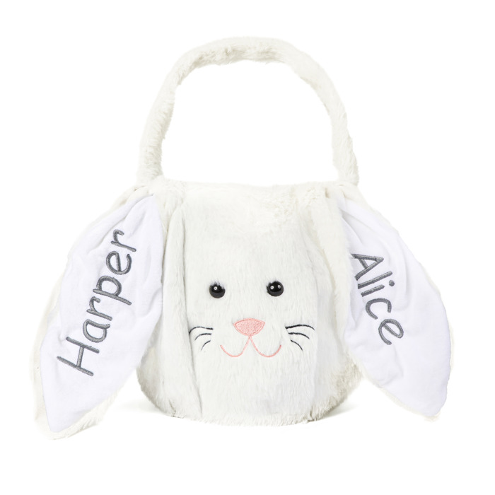 Personalized Plush Easter Bunny Basket | Custom Embroidered Name Ear Gift Pail for Kids | Rabbit Treat Tote Bag