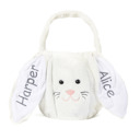 White Personalized Plush Easter Bunny Basket | Custom Embroidered Name Ear Gift Pail for Kids | Rabbit Treat Tote Bag