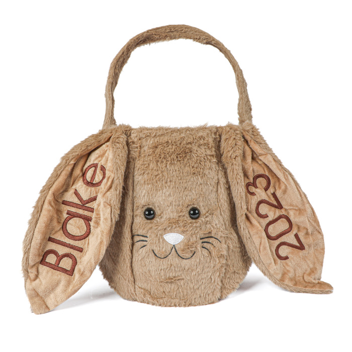 Personalized Plush Easter Bunny Basket | Custom Embroidered Name Ear Gift Pail for Kids | Rabbit Treat Tote Bag