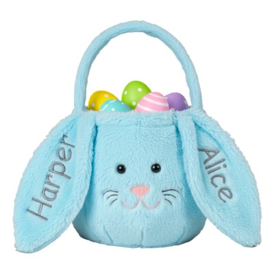 Personalized Plush Easter Bunny Basket | Custom Embroidered Name Ear Gift Pail for Kids | Rabbit Treat Tote Bag