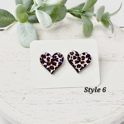 Hand Painted Cheetah Heart Purple Studs