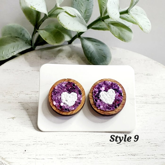 Handmade Glitter Heart Wood Studs