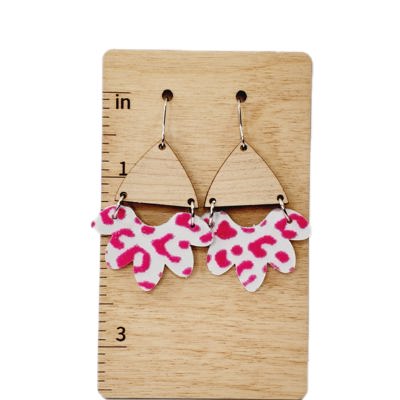 White Hot Pink Leopard Scalloped Leather Wood Earrings