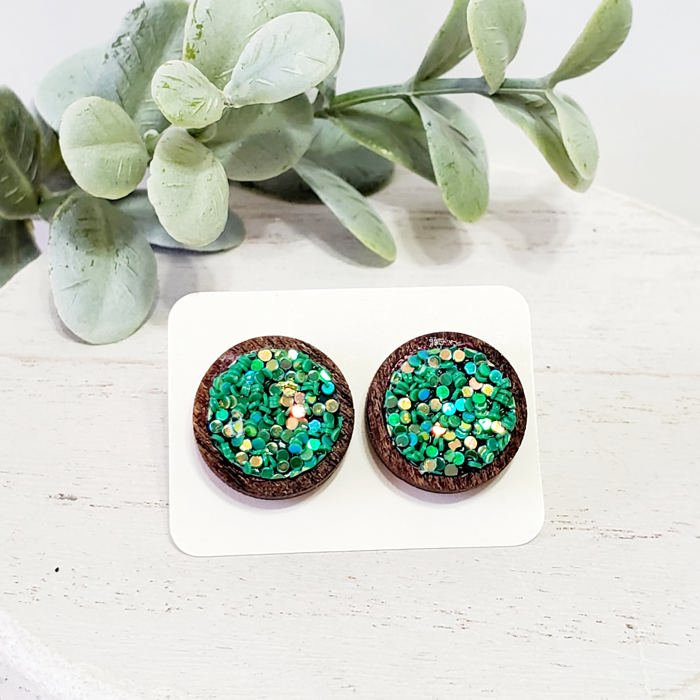 Green Glitter Irridecent Wood Studs