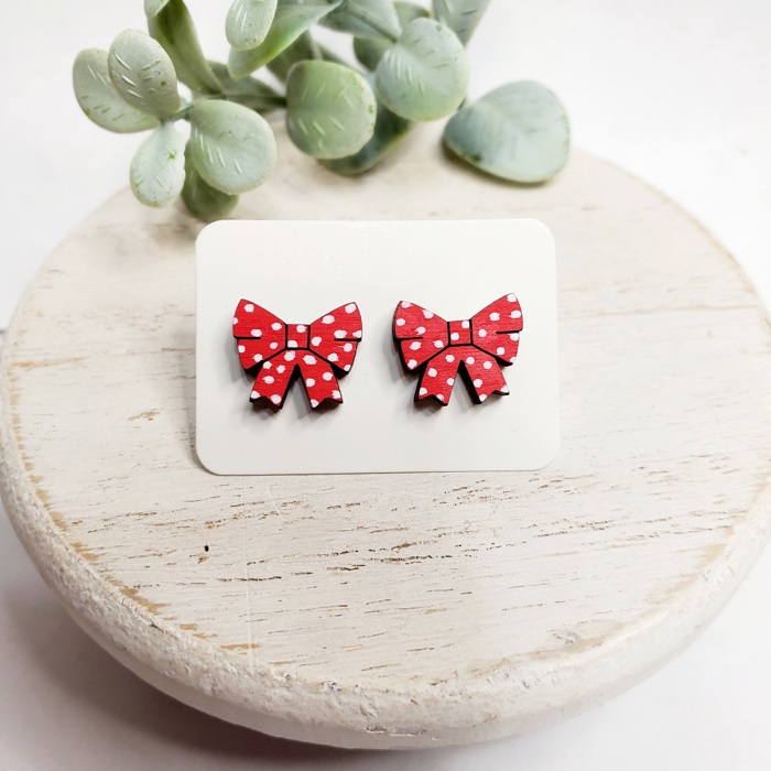 Red White Polka Dot Bow Studs