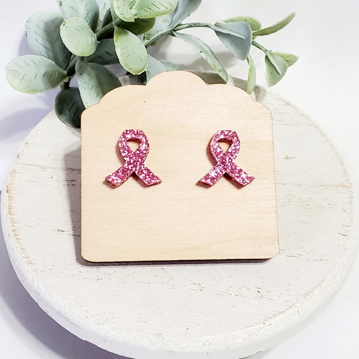 Acrylic Glitter Pink Ribbon Studs
