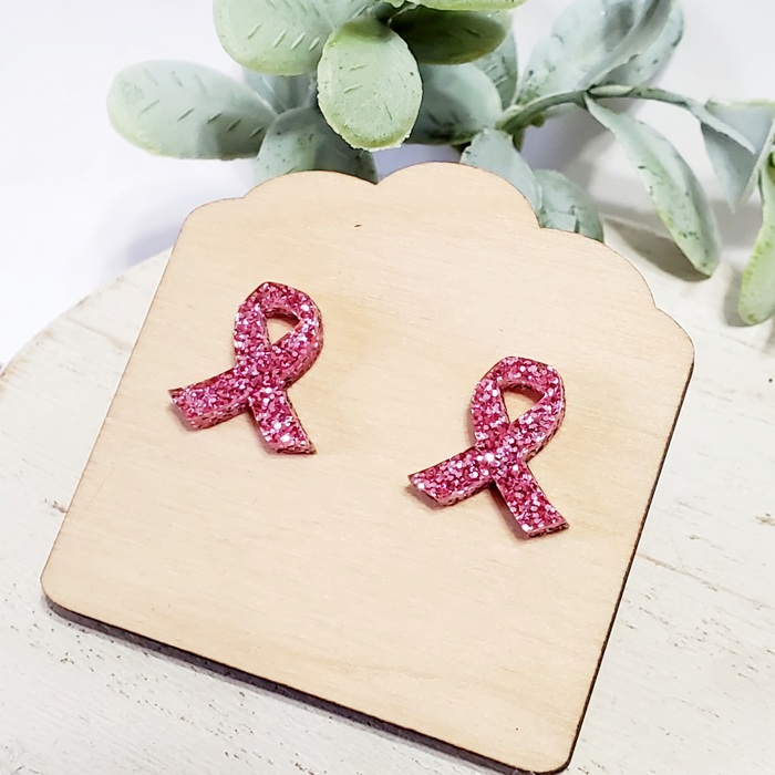 Acrylic Glitter Pink Ribbon Studs