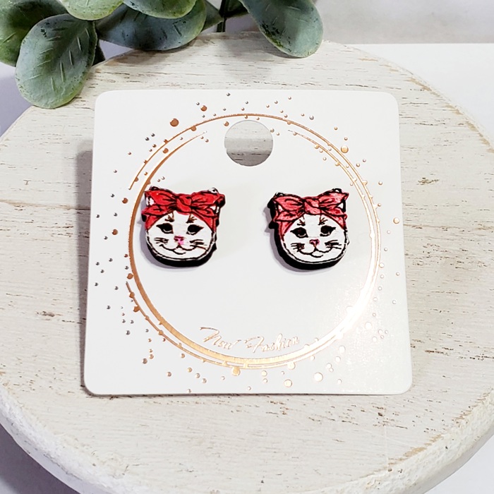 Cat with Bow Wood Studs