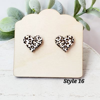 Hand Painted Cheetah Heart Studs | White Gold
