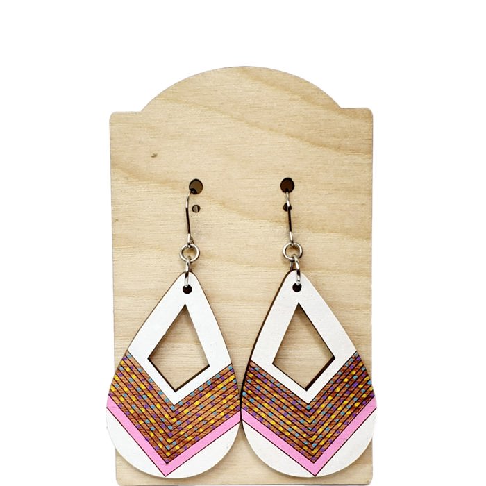 Chevron Teardrop Pink White Rustic Earrings