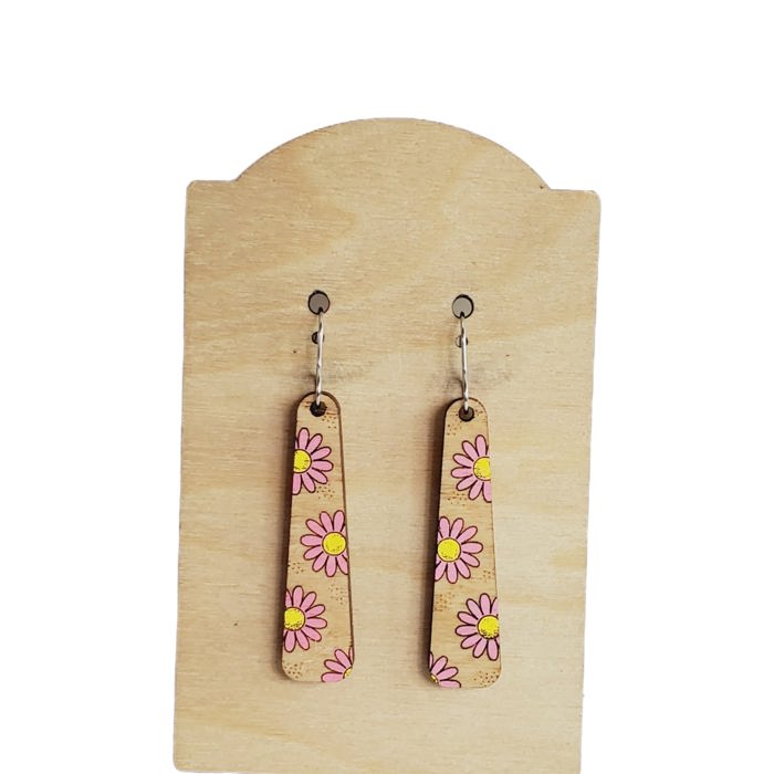 Hand Painted Pink Daisy Bar Earrings